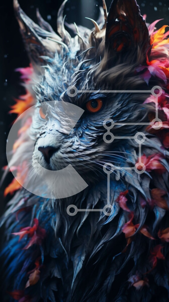 Σετ των 2 Intra Συλλεκτικό Ξύλινο Παζλ Plywood  4mm - Εκπληκτική εικόνα μιας γάτας με πολύχρωμες φλόγες σε ένα σκοτεινό βροχερό περιβάλλον Σε Ξύλινο Κουτί - Διαστάσεις: 10x10 cm – 25 κομμάτια