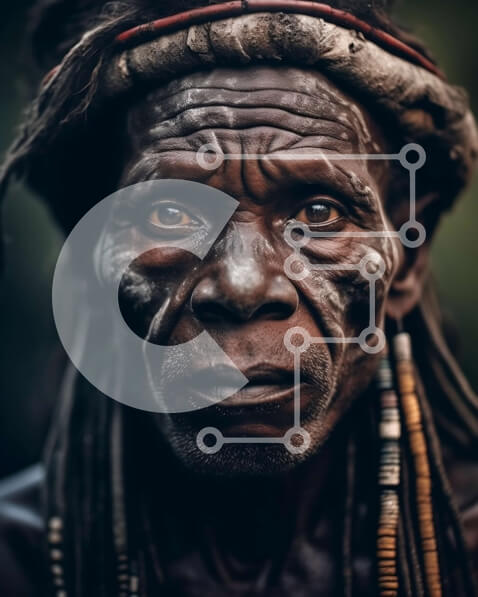 Intra Συλλεκτικό Ξύλινο Παζλ Plywood  4mm - Πορτρέτο σοβαρού ηλικιωμένου άνδρα με χάντρες και φτερά Σε Ξύλινο Κουτί - Διαστάσεις Puzzle: 10x10 cm – 25 κομμάτια