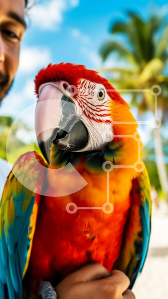 Σετ των 2 Intra Συλλεκτικό Ξύλινο Παζλ Plywood  4mm - Ζωντανός παπαγάλος στον ώμο του ανθρώπου με φοίνικες στο φόντο Σε Ξύλινο Κουτί - Διαστάσεις: 10x10 cm – 25 κομμάτια