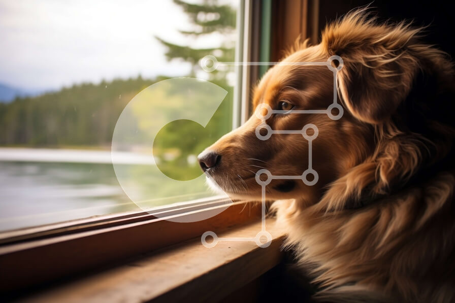 Σετ των 2 Intra Συλλεκτικό Ξύλινο Παζλ Plywood  4mm - Αξιολάτρευτη εικόνα του σκύλου Golden Retriever που παρακολουθεί τη γραφική θέα από ένα παράθυρο Σε Ξύλινο Κουτί - Διαστάσεις: 10x10 cm – 25 κομμάτια