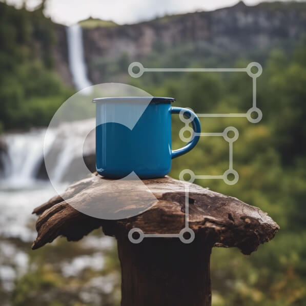 Intra Συλλεκτικό Ξύλινο Παζλ Plywood  4mm - Μπλε κούπα στο ξύλινο κούτσουρο μπροστά από τον καταρράκτη Σε Ξύλινο Κουτί - Διαστάσεις: 10x10 cm – 25 κομμάτια