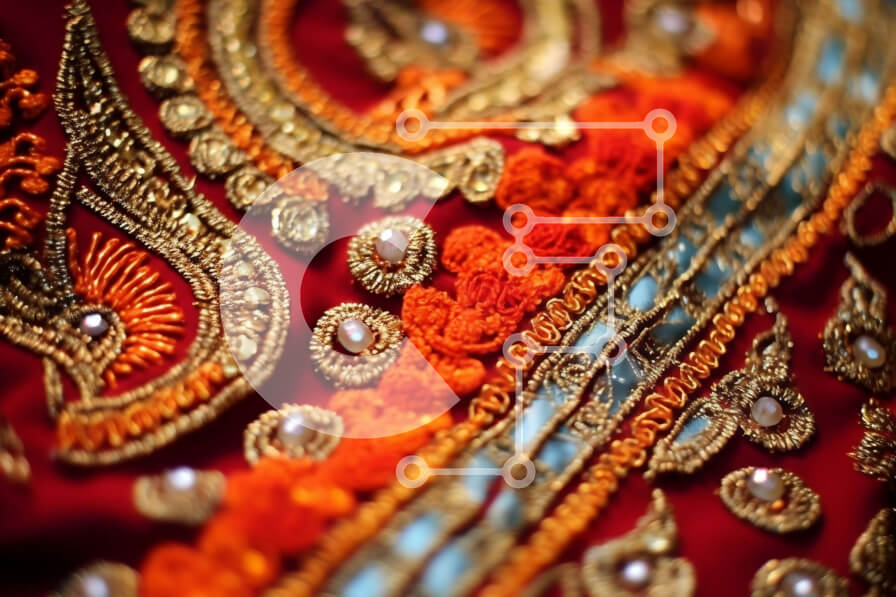 Intra Συλλεκτικό Ξύλινο Παζλ Plywood  4mm - Πολυτελές κόκκινο και χρυσό κεντημένο ύφασμα με περίπλοκα σχέδια και χάντρες Σε Ξύλινο Κουτί - Διαστάσεις Puzzle: 10x10 cm – 25 κομμάτια