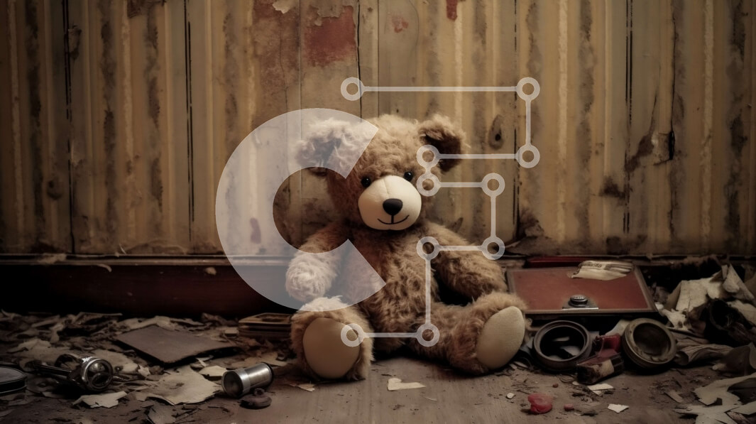 Intra Συλλεκτικό Ξύλινο Παζλ Plywood  4mm - Σπαρακτική εικόνα ενός μοναχικού αρκουδάκι σε ένα κατεστραμμένο δωμάτιο Σε Ξύλινο Κουτί - Διαστάσεις: 10x10 cm – 25 κομμάτια