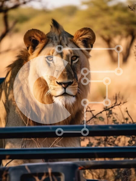 Σετ των 2 Intra Συλλεκτικό Ξύλινο Παζλ Plywood  4mm - Εντυπωσιακή φωτογραφία ενός λιονταριού που στέκεται σε χωματόδρομο στην αφρικανική σαβάνα Σε Ξύλινο Κουτί - Διαστάσεις: 10x10 cm – 25 κομμάτια