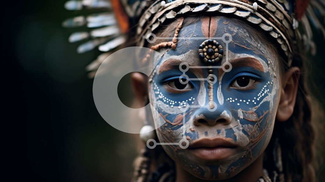 Intra Συλλεκτικό Ξύλινο Παζλ Plywood  4mm - Εκπληκτική εικόνα ενός ατόμου με παραδοσιακή φυλετική βαφή προσώπου και κεφαλή με πούπουλα Σε Ξύλινο Κουτί - Διαστάσεις Puzzle: 10x10 cm – 25 κομμάτια