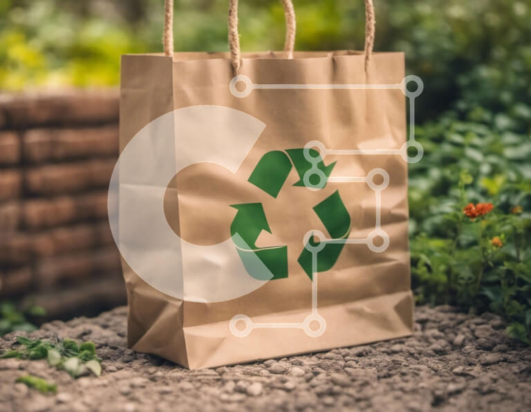 Intra Συλλεκτικό Ξύλινο Παζλ Plywood  4mm - Καφέ χάρτινη σακούλα με σύμβολο ανακύκλωσης μπροστά από φυτά Σε Ξύλινο Κουτί - Διαστάσεις Puzzle: 10x10 cm – 25 κομμάτια