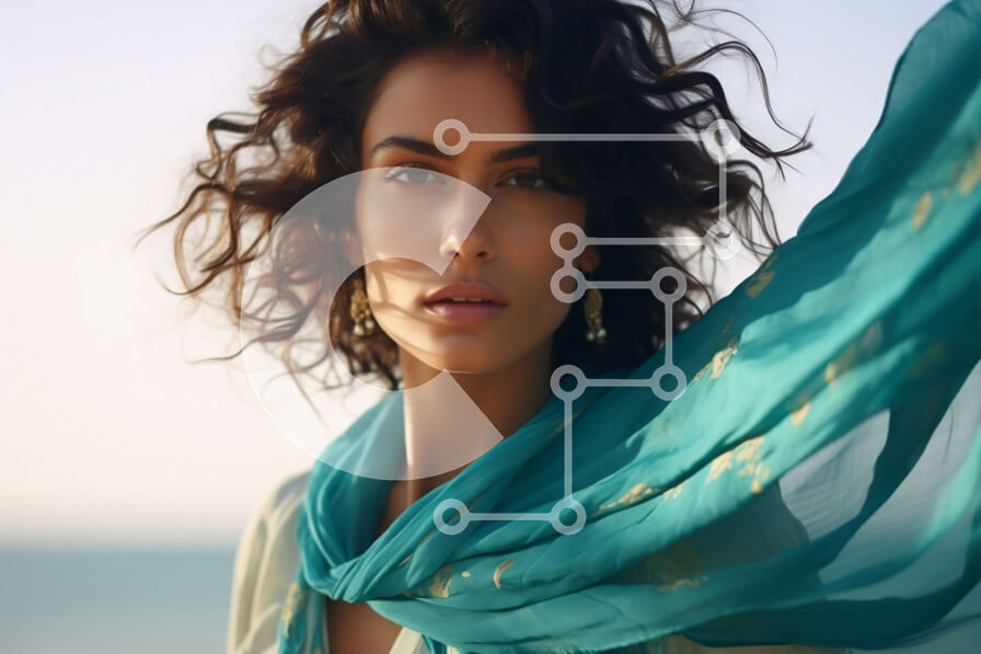 Intra Συλλεκτικό Ξύλινο Παζλ Plywood  4mm - Όμορφη εικόνα μιας γυναίκας που στέκεται στην παραλία με τιρκουάζ μαντήλι Σε Ξύλινο Κουτί - Διαστάσεις: 10x10 cm – 25 κομμάτια