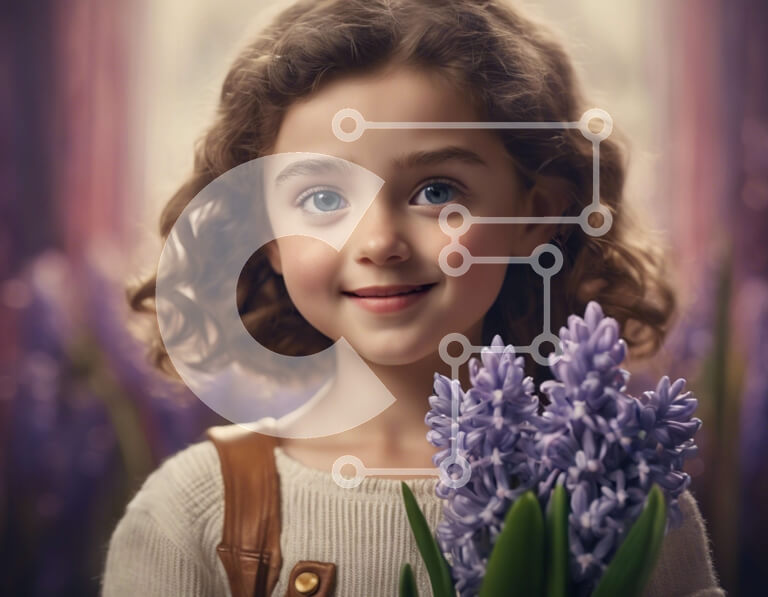 Intra Συλλεκτικό Ξύλινο Παζλ Plywood  4mm - Ευτυχισμένο κορίτσι με μωβ λουλούδια υάκινθου Σε Ξύλινο Κουτί - Διαστάσεις Puzzle: 10x10 cm – 25 κομμάτια