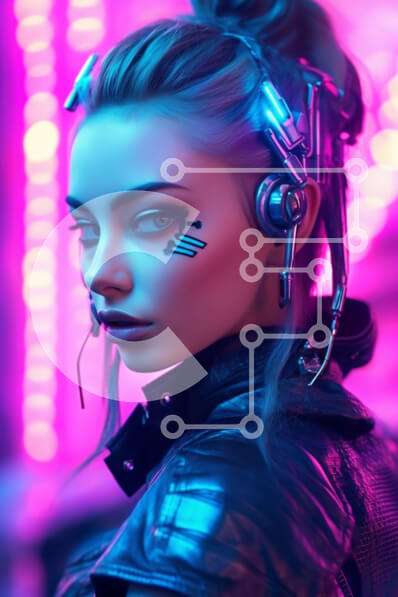 Intra Συλλεκτικό Ξύλινο Παζλ Plywood  4mm - Σοβαρή γυναίκα με ακουστικά και δερμάτινο μπουφάν που στέκεται σε φόντο νέον Σε Ξύλινο Κουτί - Διαστάσεις Puzzle: 10x10 cm – 25 κομμάτια