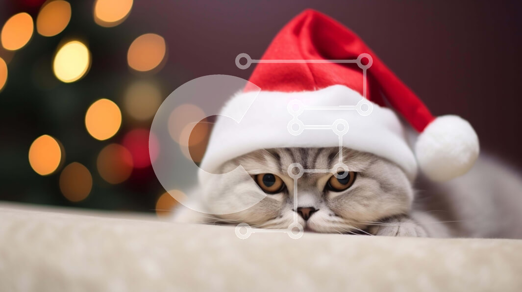 Σετ των 2 Intra Συλλεκτικό Ξύλινο Παζλ Plywood  4mm - Περίεργη γκρίζα γάτα με καπέλο Άγιου Βασίλη Σε Ξύλινο Κουτί - Διαστάσεις: 10x10 cm – 25 κομμάτια