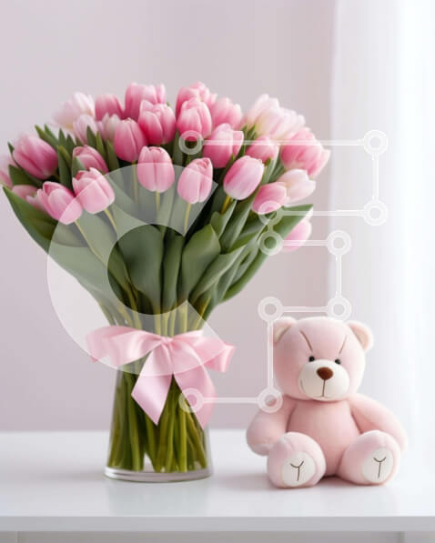 Intra Συλλεκτικό Ξύλινο Παζλ Plywood  4mm - Ροζ τουλίπες σε βάζο με αρκουδάκι Σε Ξύλινο Κουτί - Διαστάσεις: 10x10 cm – 25 κομμάτια