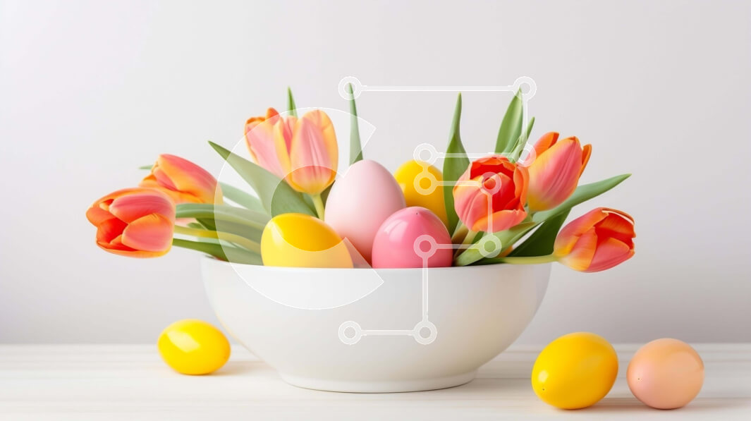 Intra Συλλεκτικό Ξύλινο Παζλ Plywood  4mm - Πολύχρωμα Πασχαλινά αυγά και τουλίπες σε ένα άσπρο μπολ Σε Ξύλινο Κουτί - Διαστάσεις: 10x10 cm – 25 κομμάτια