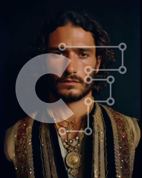 Intra Συλλεκτικό Ξύλινο Παζλ Plywood  4mm - Σοβαρός άντρας με μακριά σγουρά μαλλιά και γένια με μαύρο πουκάμισο και χρυσό κολιέ Σε Ξύλινο Κουτί - Διαστάσεις Puzzle: 10x10 cm – 25 κομμάτια