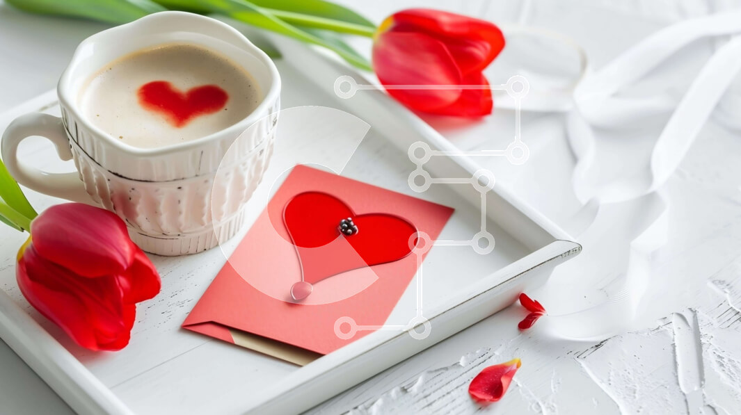 Intra Συλλεκτικό Ξύλινο Παζλ Plywood  4mm - Δίσκος του Αγίου Βαλεντίνου με κόκκινες τουλίπες και φλιτζάνια καφέ Σε Ξύλινο Κουτί - Διαστάσεις: 10x10 cm – 25 κομμάτια