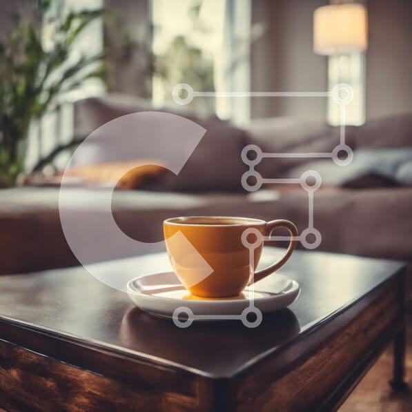 Intra Συλλεκτικό Ξύλινο Παζλ Plywood  4mm - Κίτρινο φλιτζάνι καφέ σε ξύλινο τραπέζι μπροστά από τον καναπέ στο σαλόνι Σε Ξύλινο Κουτί - Διαστάσεις Puzzle: 10x10 cm – 25 κομμάτια