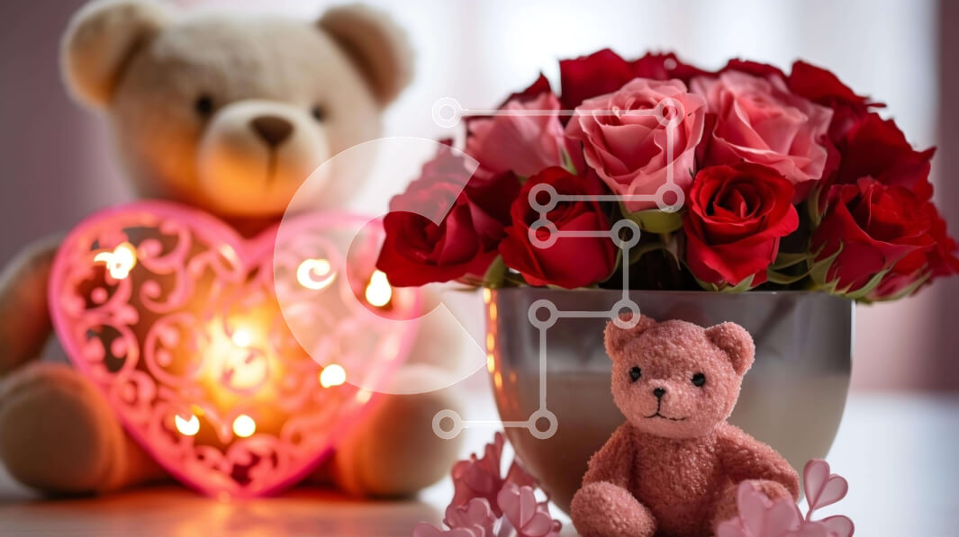 Intra Συλλεκτικό Ξύλινο Παζλ Plywood  4mm - Διακοσμήσεις για την ημέρα του Αγίου Βαλεντίνου με τριαντάφυλλα και αρκουδάκια Σε Ξύλινο Κουτί - Διαστάσεις Puzzle: 10x10 cm – 25 κομμάτια