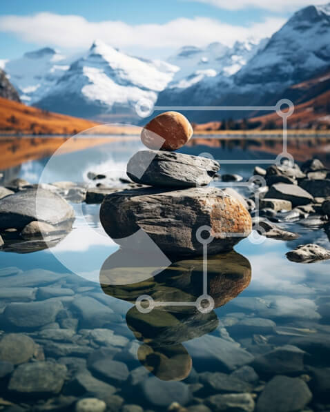 Intra Συλλεκτικό Ξύλινο Παζλ Plywood  4mm - Όμορφη εικόνα μιας ισορροπημένης στοίβας βράχων σε ένα γαλήνιο περιβάλλον λίμνης Σε Ξύλινο Κουτί - Διαστάσεις: 10x10 cm – 25 κομμάτια