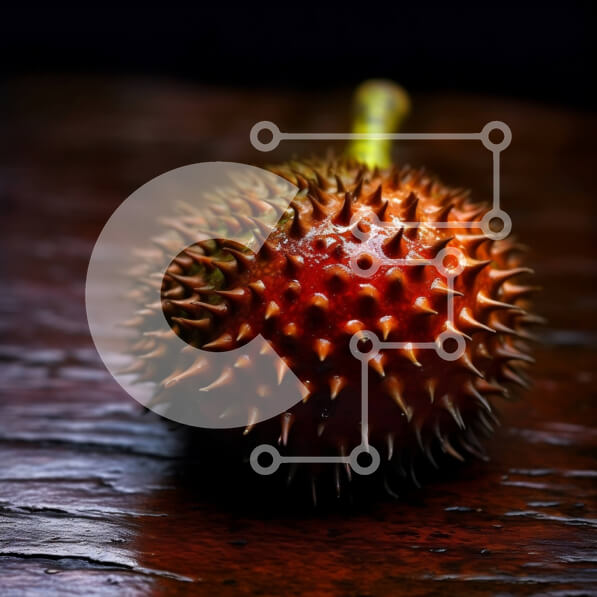 Σετ των 2 Intra Συλλεκτικό Ξύλινο Παζλ Plywood  4mm - Φρέσκο ​​κόκκινο φρούτο Durian σε ένα φυσικό ξύλινο τραπέζι Σε Ξύλινο Κουτί - Διαστάσεις: 10x10 cm – 25 κομμάτια