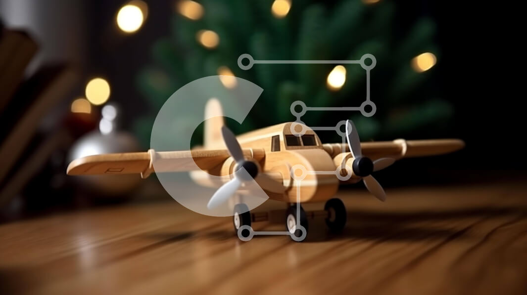 Intra Συλλεκτικό Ξύλινο Παζλ Plywood  4mm - Ξύλινο παιχνίδι αεροπλάνο μπροστά από το τεχνητό χριστουγεννιάτικο δέντρο Σε Ξύλινο Κουτί - Διαστάσεις: 10x10 cm – 25 κομμάτια