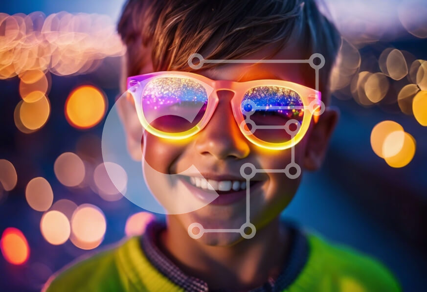 Intra Συλλεκτικό Ξύλινο Παζλ Plywood  4mm - Νεαρό αγόρι που φορά πολύχρωμα γυαλιά ηλίου και χαμογελά στην κάμερα Σε Ξύλινο Κουτί - Διαστάσεις Puzzle: 10x10 cm – 25 κομμάτια