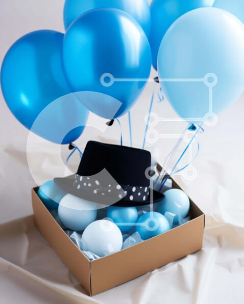 Intra Συλλεκτικό Ξύλινο Παζλ Plywood  4mm - Ρύθμιση γιορτής με μπλε μπαλόνια και καπέλο Σε Ξύλινο Κουτί - Διαστάσεις Puzzle: 10x10 cm – 25 κομμάτια