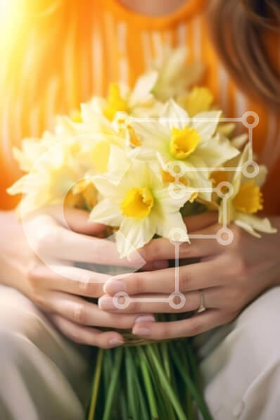 Intra Συλλεκτικό Ξύλινο Παζλ Plywood  4mm - Γυναίκα που κρατά φρέσκους κίτρινους νάρκισσους Σε Ξύλινο Κουτί - Διαστάσεις Puzzle: 10x10 cm – 25 κομμάτια