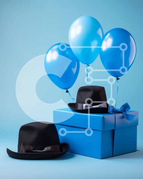 Intra Συλλεκτικό Ξύλινο Παζλ Plywood  4mm - Εορταστικά καπέλα και μπαλόνια σε μπλε φόντο Σε Ξύλινο Κουτί - Διαστάσεις Puzzle: 10x10 cm – 25 κομμάτια