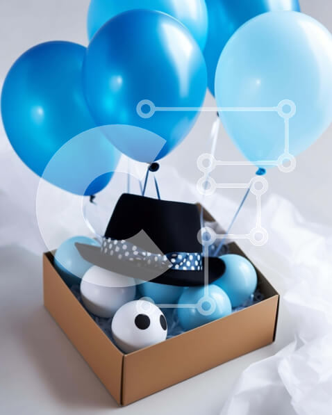 Intra Συλλεκτικό Ξύλινο Παζλ Plywood  4mm - Εορταστική διάταξη από μπαλόνια και καπέλο Σε Ξύλινο Κουτί - Διαστάσεις Puzzle: 10x10 cm – 25 κομμάτια