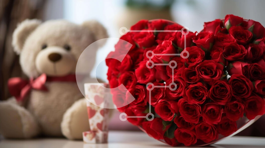 Intra Συλλεκτικό Ξύλινο Παζλ Plywood  4mm - Ρομαντική σύνθεση δώρου με τριαντάφυλλα και αρκουδάκι Σε Ξύλινο Κουτί - Διαστάσεις Puzzle: 10x10 cm – 25 κομμάτια