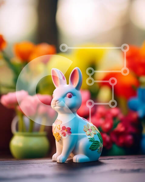 Intra Συλλεκτικό Ξύλινο Παζλ Plywood  4mm - Λευκό ειδώλιο λαγουδάκι που περιβάλλεται από πολύχρωμες γλάστρες με λουλούδια Σε Ξύλινο Κουτί - Διαστάσεις: 10x10 cm – 25 κομμάτια