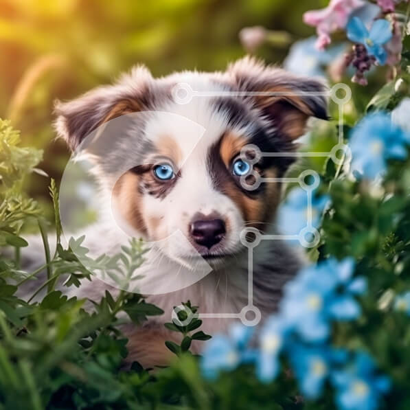 Intra Συλλεκτικό Ξύλινο Παζλ Plywood  4mm - Χαριτωμένο κουτάβι που κάθεται ανάμεσα σε λουλούδια σε έναν κήπο Σε Ξύλινο Κουτί - Διαστάσεις: 10x10 cm – 25 κομμάτια