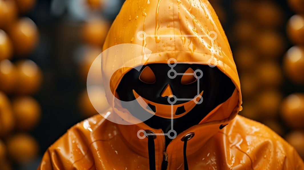 Intra Συλλεκτικό Ξύλινο Παζλ Plywood  4mm - Άτομο με πορτοκαλί αδιάβροχο με κουκούλα με φανάρι μπροστά από τον τοίχο κολοκύθας Σε Ξύλινο Κουτί - Διαστάσεις Puzzle: 10x10 cm – 25 κομμάτια