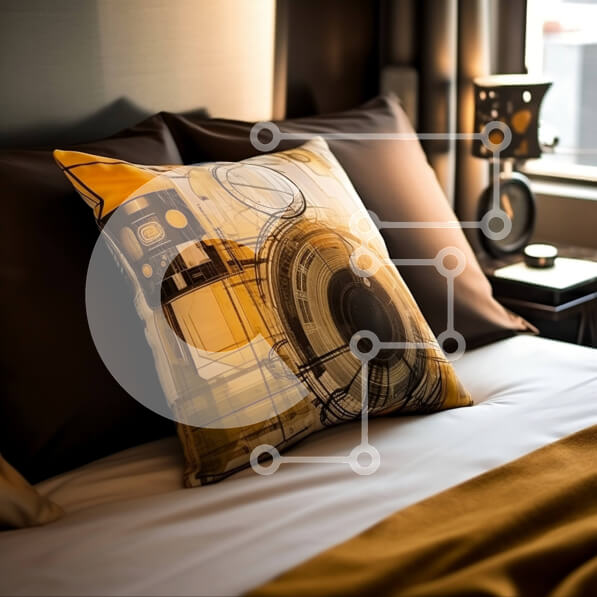 Intra Συλλεκτικό Ξύλινο Παζλ Plywood  4mm - Άνετοι εσωτερικοί χώροι: Κίτρινο και μαύρο μαξιλάρι σε κρεβάτι με λάμπα σε κομοδίνο Σε Ξύλινο Κουτί - Διαστάσεις Puzzle: 10x10 cm – 25 κομμάτια