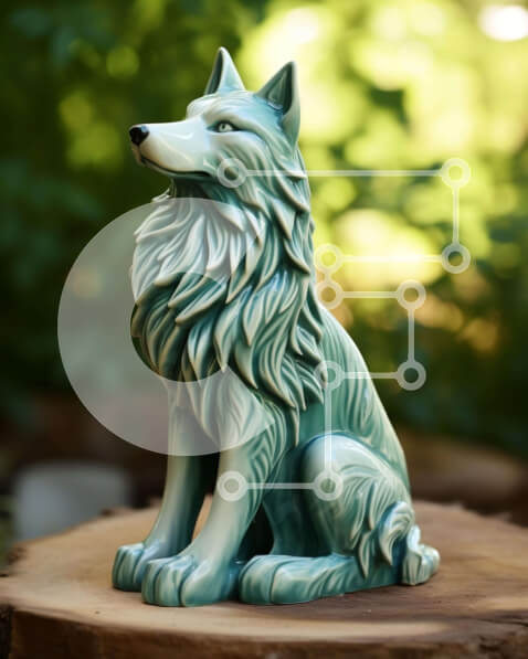 Σετ των 2 Intra Συλλεκτικό Ξύλινο Παζλ Plywood  4mm - Πράσινο κεραμικό άγαλμα λύκου σε φυσικό περιβάλλον Σε Ξύλινο Κουτί - Διαστάσεις: 10x10 cm – 25 κομμάτια