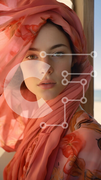 Intra Συλλεκτικό Ξύλινο Παζλ Plywood  4mm - Κομψή γυναίκα με λουλουδάτο φόρεμα και ροζ φουλάρι στην παραλία Σε Ξύλινο Κουτί - Διαστάσεις Puzzle: 10x10 cm – 25 κομμάτια