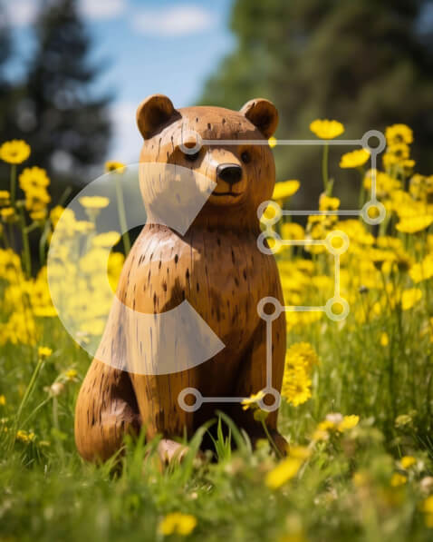 Intra Συλλεκτικό Ξύλινο Παζλ Plywood  4mm - Ξύλινο άγαλμα αρκούδας σε ανοιχτό χωράφι με κίτρινα λουλούδια Σε Ξύλινο Κουτί - Διαστάσεις: 10x10 cm – 25 κομμάτια