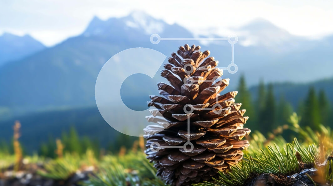 Intra Συλλεκτικό Ξύλινο Παζλ Plywood  4mm - Μονό κουκουνάρι σε χιονισμένο γρασίδι με φόντο βουνού Σε Ξύλινο Κουτί - Διαστάσεις: 10x10 cm – 25 κομμάτια