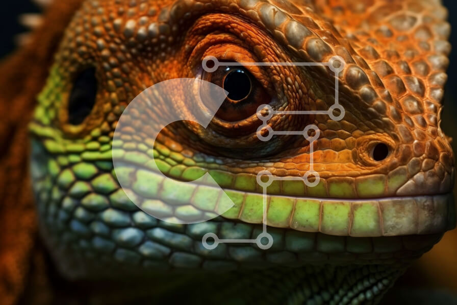 Σετ των 2 Intra Συλλεκτικό Ξύλινο Παζλ Plywood  4mm - Εκπληκτική κοντινή πλάνο του προσώπου μιας σαύρας με φωτεινά πράσινα μάτια και πορτοκαλί κλίμακες Σε Ξύλινο Κουτί - Διαστάσεις: 10x10 cm – 25 κομμάτια