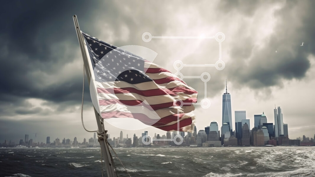 Intra Συλλεκτικό Ξύλινο Παζλ Plywood  4mm - Πατριωτική αμερικανική σημαία πάνω από το νερό με τον ορίζοντα της πόλης Σε Ξύλινο Κουτί - Διαστάσεις Puzzle: 10x10 cm – 25 κομμάτια