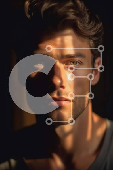 Intra Συλλεκτικό Ξύλινο Παζλ Plywood  4mm - Σοβαρός άντρας με κοντά σπαστά καστανά μαλλιά και τσιμπημένη γενειάδα Σε Ξύλινο Κουτί - Διαστάσεις Puzzle: 10x10 cm – 25 κομμάτια