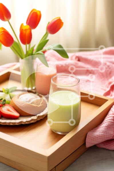 Σετ των 2 Intra Συλλεκτικό Ξύλινο Παζλ Plywood  4mm - Δίσκος πρωινού με φρέσκες τουλίπες, ψωμί και γάλα σε ξύλινο τραπέζι Σε Ξύλινο Κουτί - Διαστάσεις: 10x10 cm – 25 κομμάτια