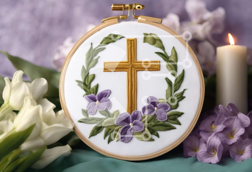 Intra Συλλεκτικό Ξύλινο Παζλ Plywood  4mm - Θρησκευτικό τσέρκι κεντήματος με σταυρό και μωβ λουλούδια Σε Ξύλινο Κουτί - Διαστάσεις Puzzle: 10x10 cm – 25 κομμάτια