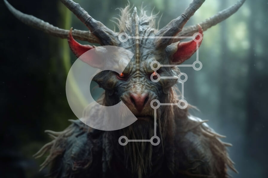 Intra Συλλεκτικό Ξύλινο Παζλ Plywood  4mm - Τρομακτική εικόνα μιας δαιμονικής κατσίκας που στέκεται σε ένα σκοτεινό δάσος Σε Ξύλινο Κουτί - Διαστάσεις: 10x10 cm – 25 κομμάτια