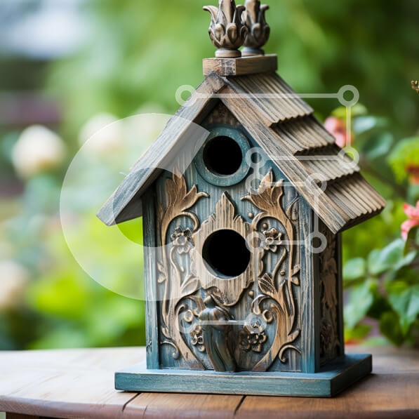 Intra Συλλεκτικό Ξύλινο Παζλ Plywood  4mm - Όμορφο Ξύλινο Σπιτάκι πουλιών με λεπτομερή γλυπτά σε έναν καταπράσινο κήπο Σε Ξύλινο Κουτί - Διαστάσεις: 10x10 cm – 25 κομμάτια