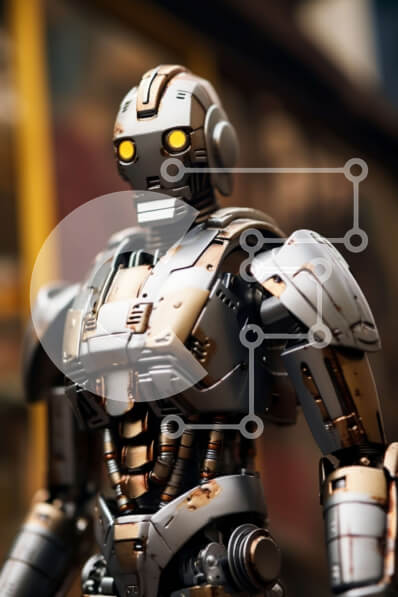 Intra Συλλεκτικό Ξύλινο Παζλ Plywood  4mm - Φουτουριστικό ρομπότ που στέκεται στην οδό με τα κτίρια στο παρασκήνιο Σε Ξύλινο Κουτί - Διαστάσεις Puzzle: 10x10 cm – 25 κομμάτια