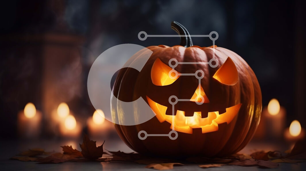 Intra Συλλεκτικό Ξύλινο Παζλ Plywood  4mm - Λαμπερή κολοκύθα Jack-o'-Lantern σε ένα τρομακτικό τραπέζι Σε Ξύλινο Κουτί - Διαστάσεις: 10x10 cm – 25 κομμάτια