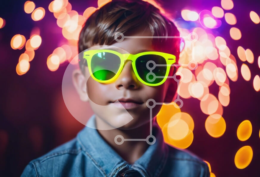 Intra Συλλεκτικό Ξύλινο Παζλ Plywood  4mm - Νεαρό αγόρι με φωτεινά κίτρινα γυαλιά ηλίου με πολύχρωμα φώτα Σε Ξύλινο Κουτί - Διαστάσεις Puzzle: 10x10 cm – 25 κομμάτια