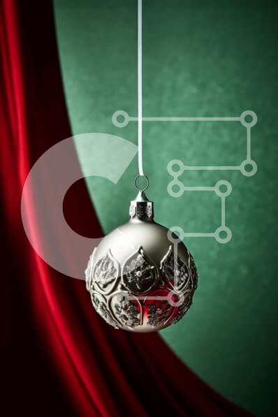 Intra Συλλεκτικό Ξύλινο Παζλ Plywood  4mm - Όμορφο ασημένιο χριστουγεννιάτικο στολίδι στην κόκκινη κουρτίνα Σε Ξύλινο Κουτί - Διαστάσεις: 10x10 cm – 25 κομμάτια