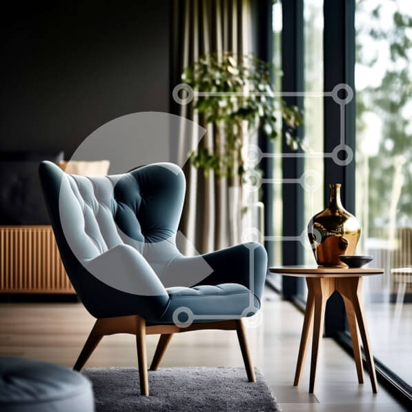 Intra Συλλεκτικό Ξύλινο Παζλ Plywood  4mm - Σύγχρονο και μινιμαλιστικό σαλόνι με μπλε πολυθρόνα και ξύλινο τραπεζάκι σαλονιού Σε Ξύλινο Κουτί - Διαστάσεις Puzzle: 10x10 cm – 25 κομμάτια