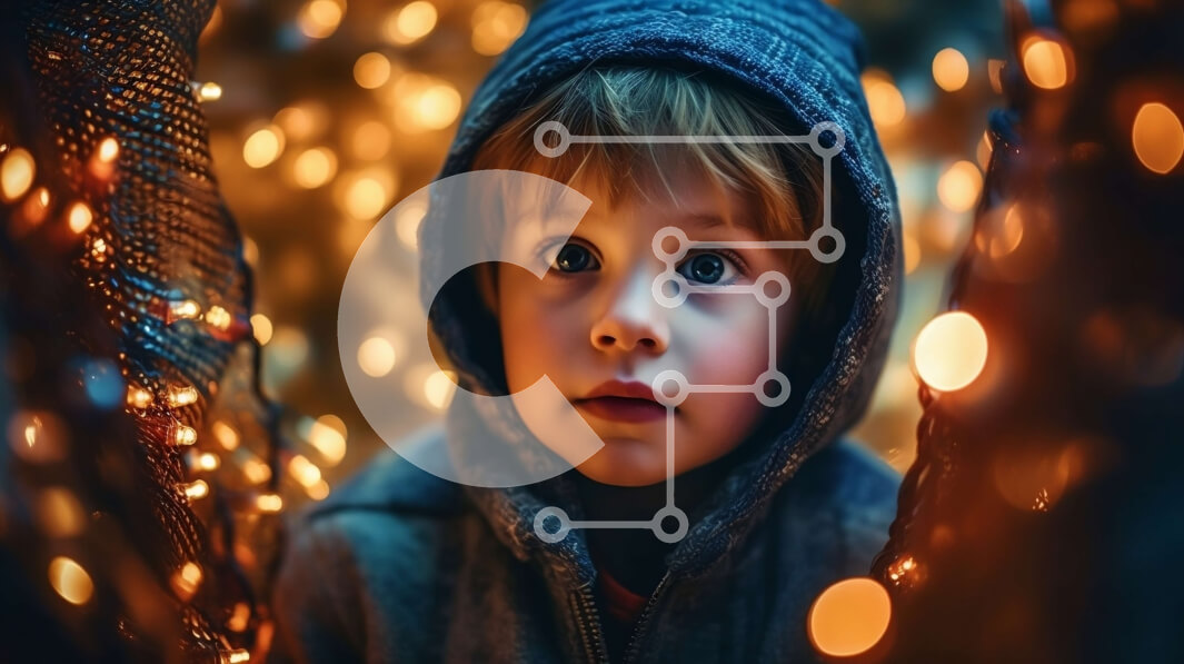 Intra Συλλεκτικό Ξύλινο Παζλ Plywood  4mm - Περίεργο αγόρι που κοιτάζει την κάμερα μπροστά από ένα χριστουγεννιάτικο δέντρο Σε Ξύλινο Κουτί - Διαστάσεις Puzzle: 10x10 cm – 25 κομμάτια